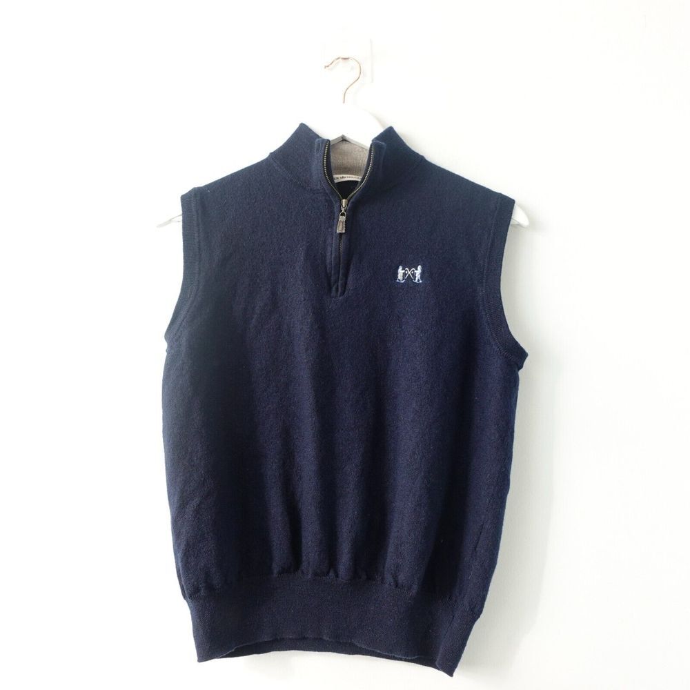 Peter Millar Men Sweater Vest Small Navy Blue Merino Wool Logo Winter Ski Sporty